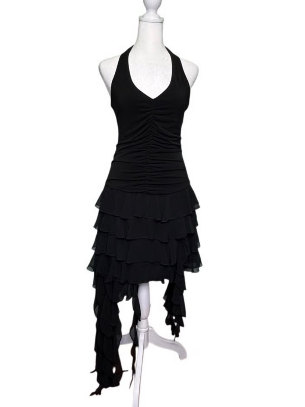 Vintage Y2K Cache Ruffle Asymmetrical Halter Dress Size US 12